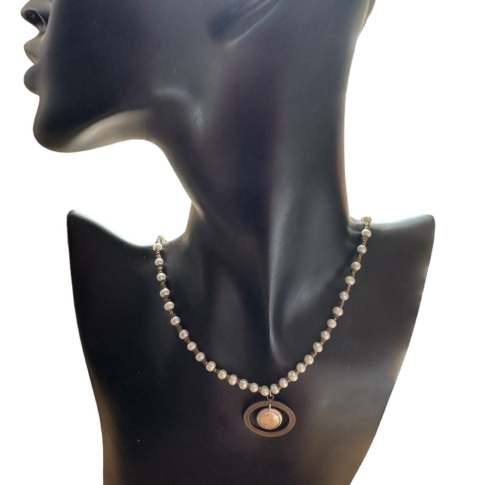 Silpada Pearl Sterling Silver and Brass Necklace Cut Out Oval w Dangling Pearl